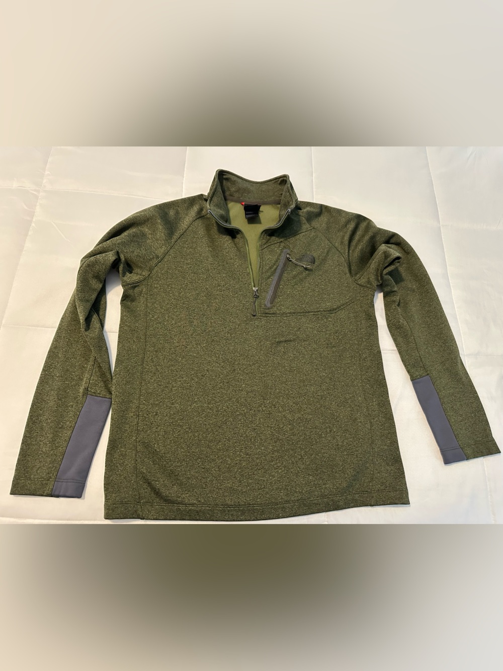 The North Face Men's Olive Green Half-Zip Sweater with Gray Elbow Panels